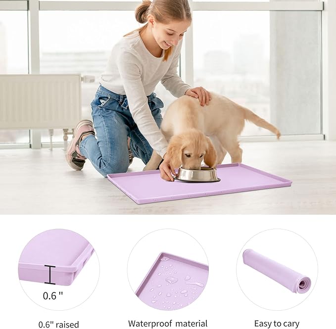 Dog Food Mat,Silicone Waterproof Food Tray,Non Slip Pet Bowl Mats Placemat,0.6" Raised Edge,Suitable for Most Small and Medium Sized Pets,18.5" x 11.5"
