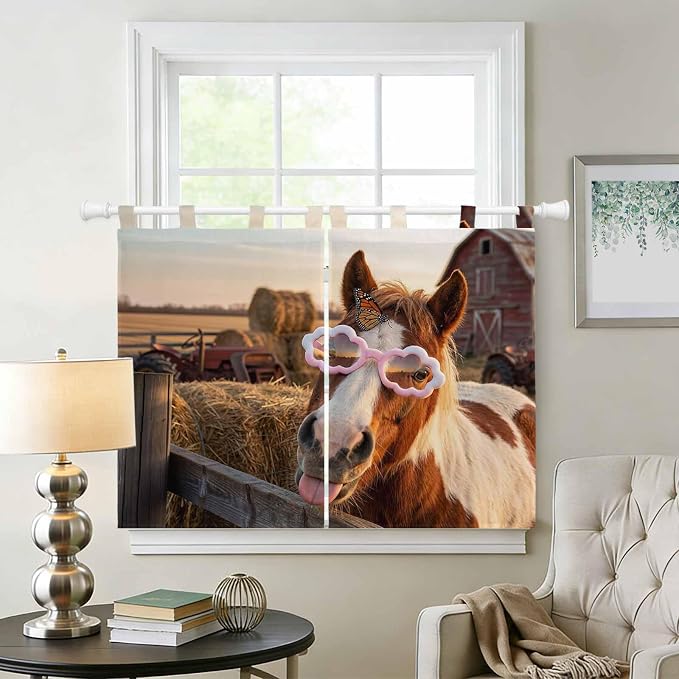 Farm Horses Kitchen Curtains 45 Inch Length, Short Cafe Window Curtains Tab Top