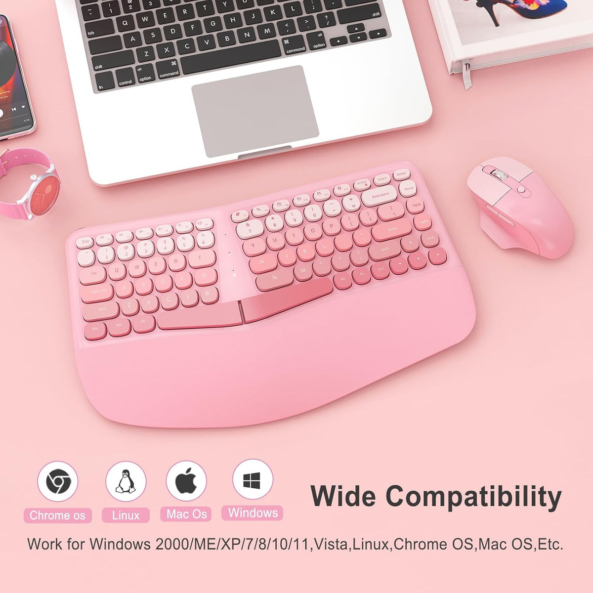 Ergonomic Wireless Keyboard Mouse, Gaming Typewriter Set with Wrist Rest