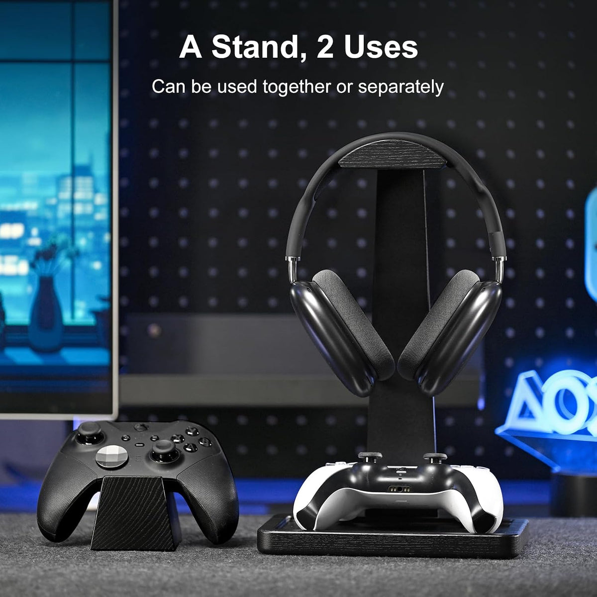 UPERGO Solid Wood Headphone Stand with Controller Holder for Desk