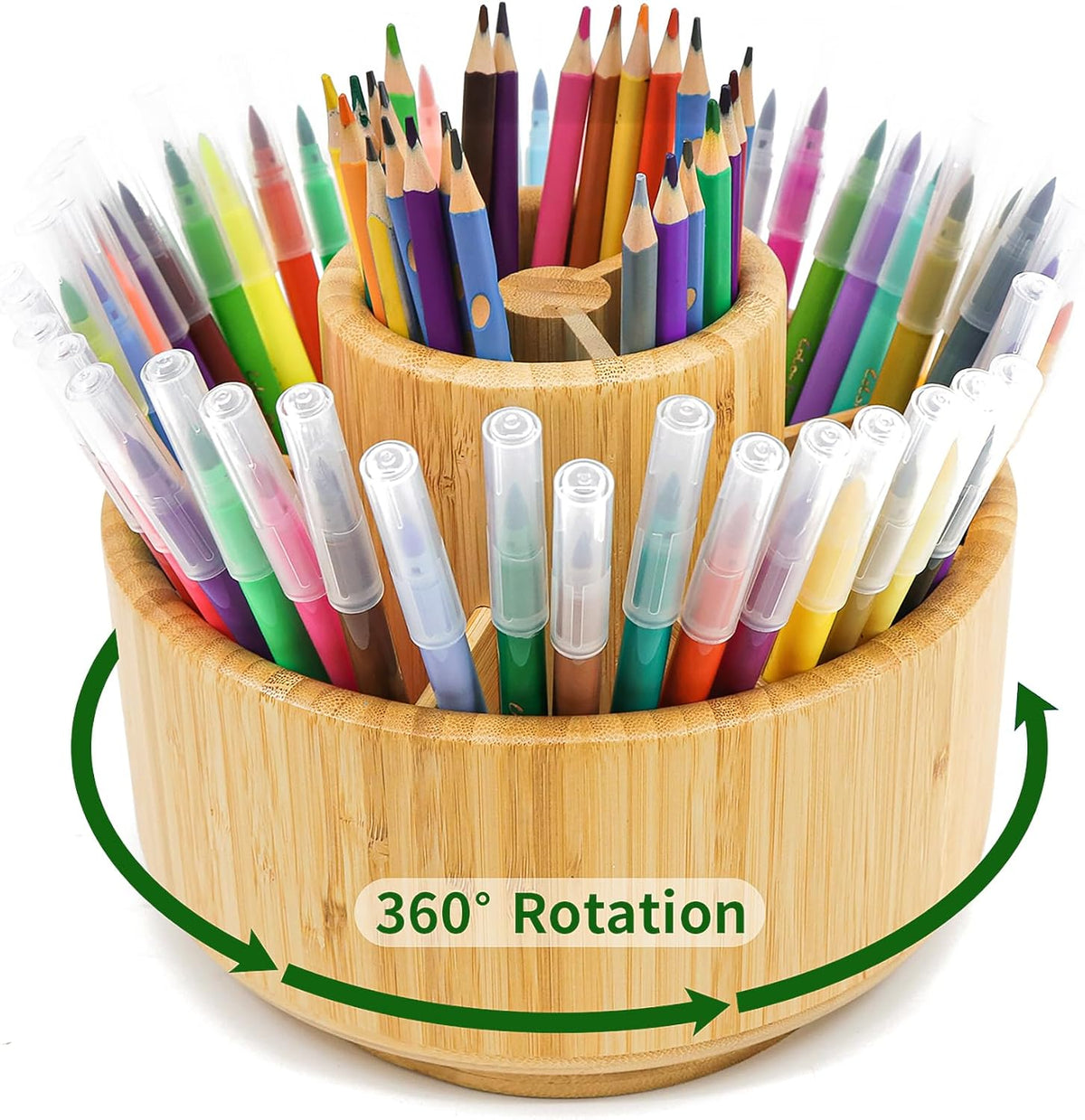 VaeFae 360 Rotating Bamboo Pen Holder for Desk, Art Supply Storage, Medium