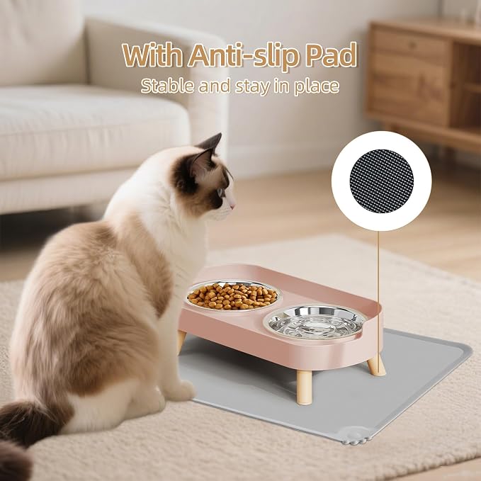 Elevated Cat Bowl with Food Mat, Raised Cat Food and Water Bowl Set