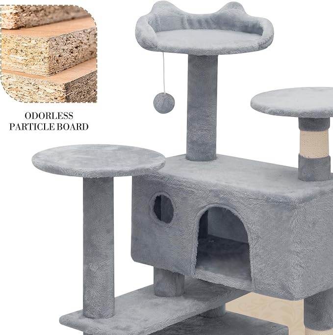 Athena Collection Cat Tree, 54 Inch Multi-Level Cat Activity Center with 2 Cat Condo & Scratching Post & Dangling Ball for Indoor Cats, Light Gray