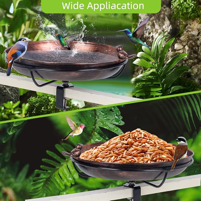 DREAMSOUL Deck Mounted Bird Bath with Adjustable Sturdy Metal Clamp, Bowl Bird Baths for Outdoors Garden Balcony Patio Deck Railing Decoration, Lightweight & Detachable