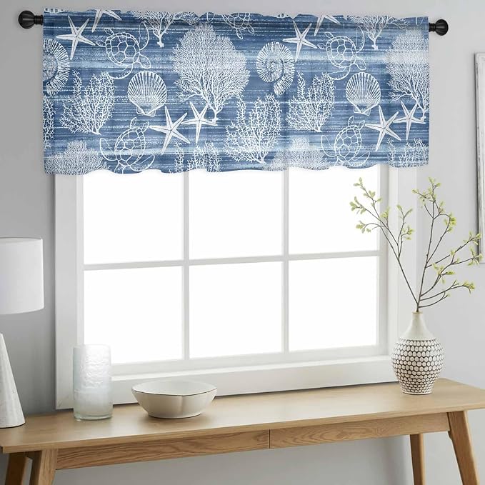 Navy Blue Retro Summer Sheer Valance Curtains, Sea Turtle Starfish Coral Ocean