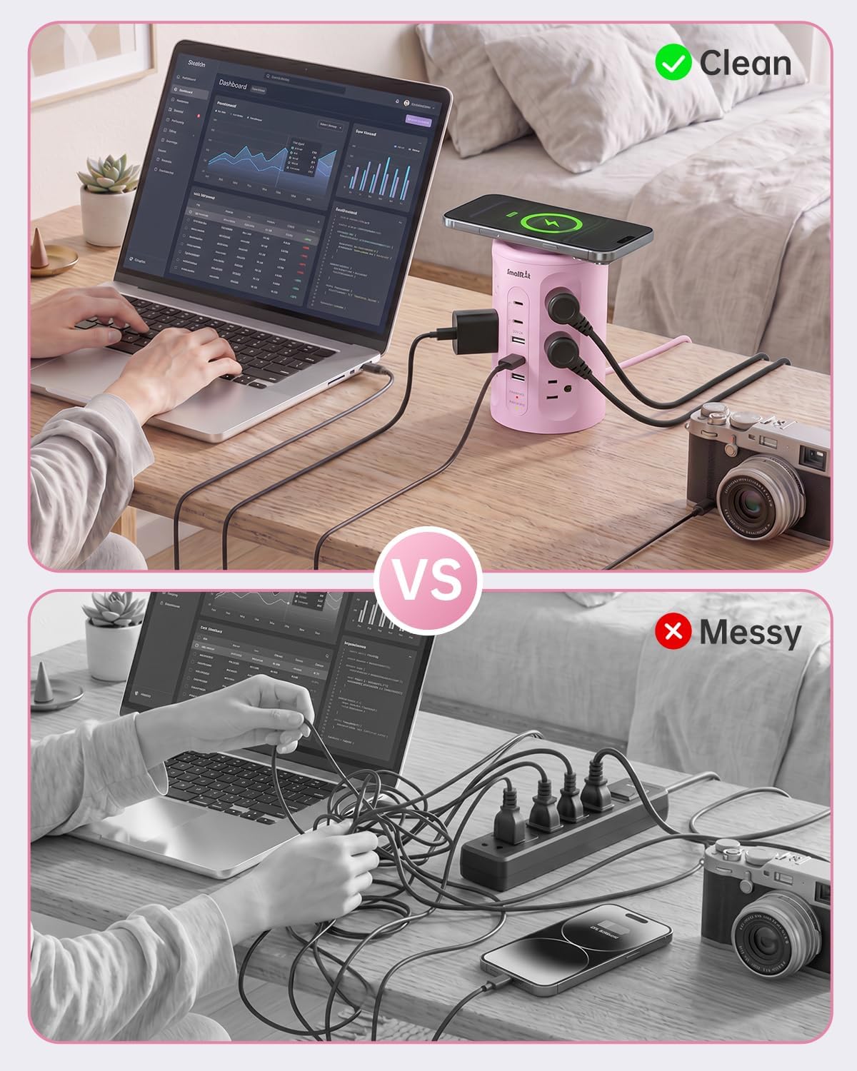 Power Strip with USB Ports,Extension Cord with Multiple Outlets (12AC+3A+2C), 6.5 FT Desk Pink Power Strip Tower Charging Station for Home, Office, College Dorm Essentials