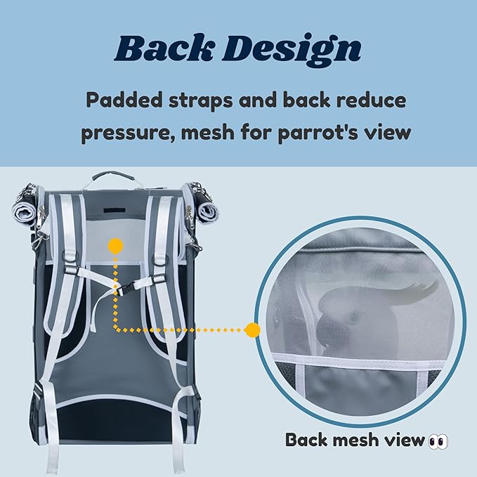 Birds Day Bird Carrier Backpack-Parrot Travel Cage with 2PCS Perch and Food Bowl, Stainless Steel Tray (Charcoal Gray, Cockatoo & Similar)