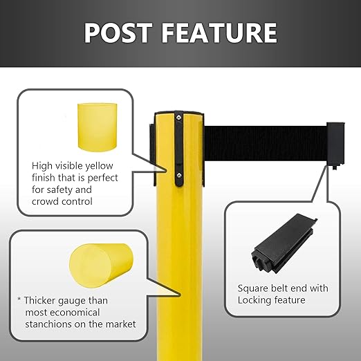 VIP Crowd Control Retractable Belt Stanchion Queue Safety Barrier Set, 36" Ht, 78" Belt (2 YEL Posts Black/Yellow Belt)