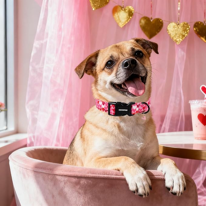 DOGWONG Valentine Dog Collar, Pink Heart Dog Collar, Girl Female Dog Collars with Strong Plastic Buckle for Small Dogs,XS
