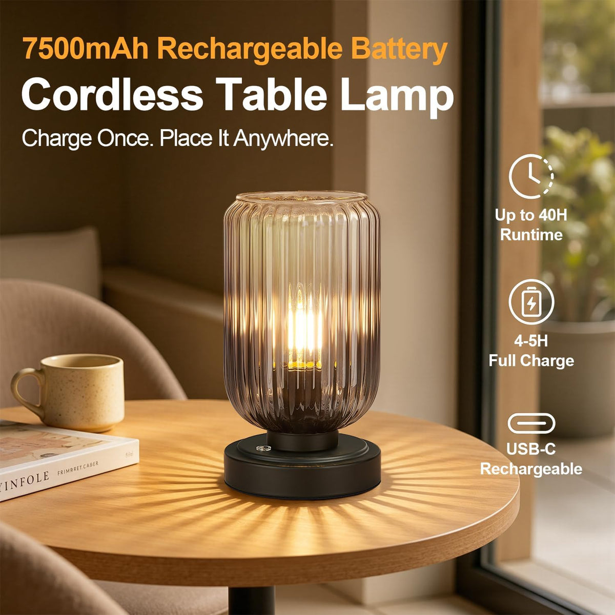 LightRound Cordless Table Lamp for Bedroom, Touch Control Stepless Dimmable