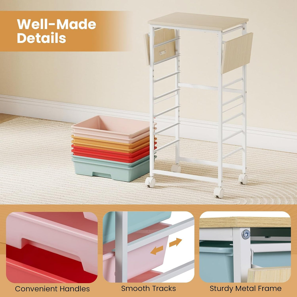 GOFLAME 8-Drawer Rolling Storage Cart with Foldable Wooden Top