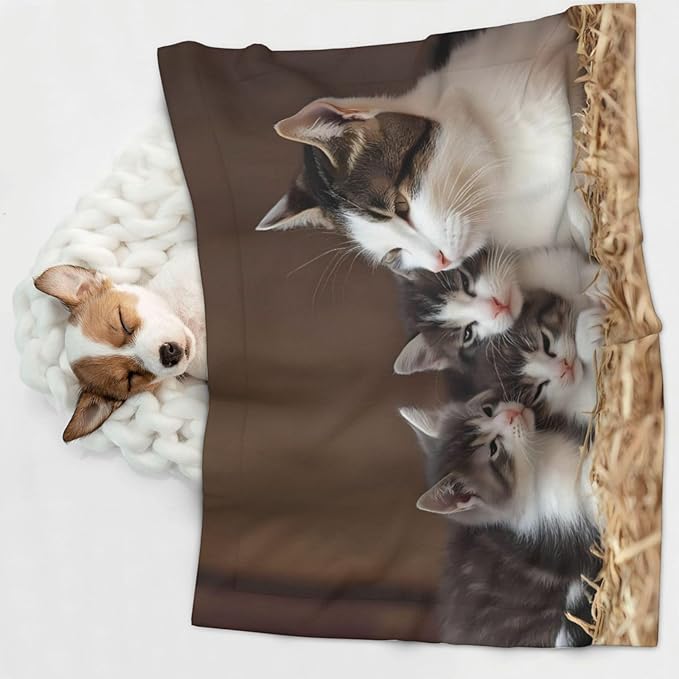 Cat Family Print Soft Plush Pet Blanket, Washable Dog Blanket, Cat Fleece Throw, Puppy Bed Crate Mat & Sofa Couch Protector - Small