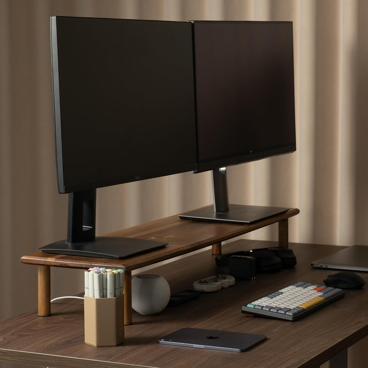 Dual Monitor Stand Riser, Acacia Wood Desktop Shelf with Storage