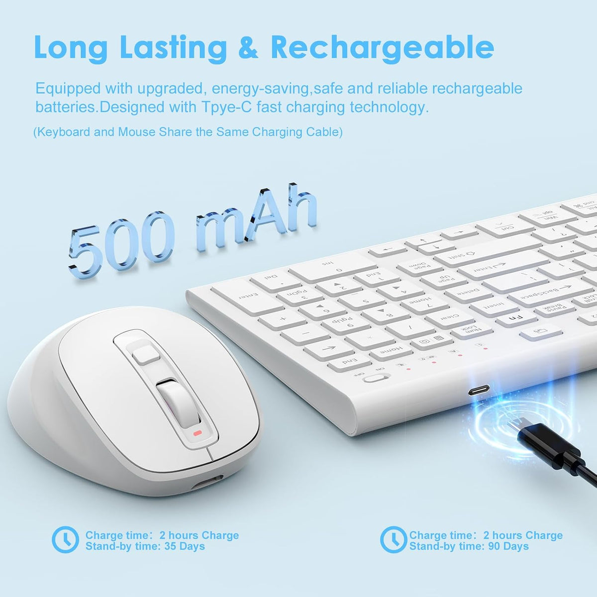 FENIFOX Rechargeable Wireless Keyboard and Mouse, with Number Pad White