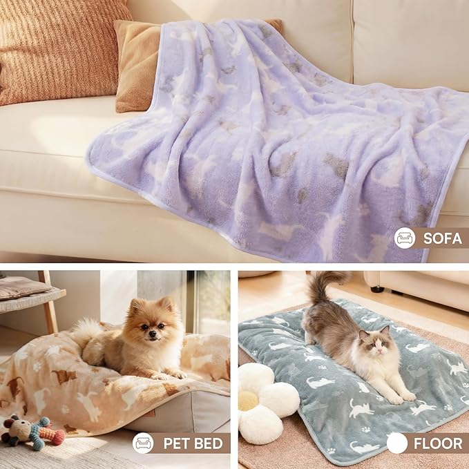 Luciphia 1 Pack 3 Blankets, Cute Cat Printed Fluffy Fleece Pet Blanket for Dogs Cats Washable, Warm Soft Throw Cover for Crate Couch, Gifts Puppy Essentials,Purple/Grey/Khaki, Small (23x16 inch)