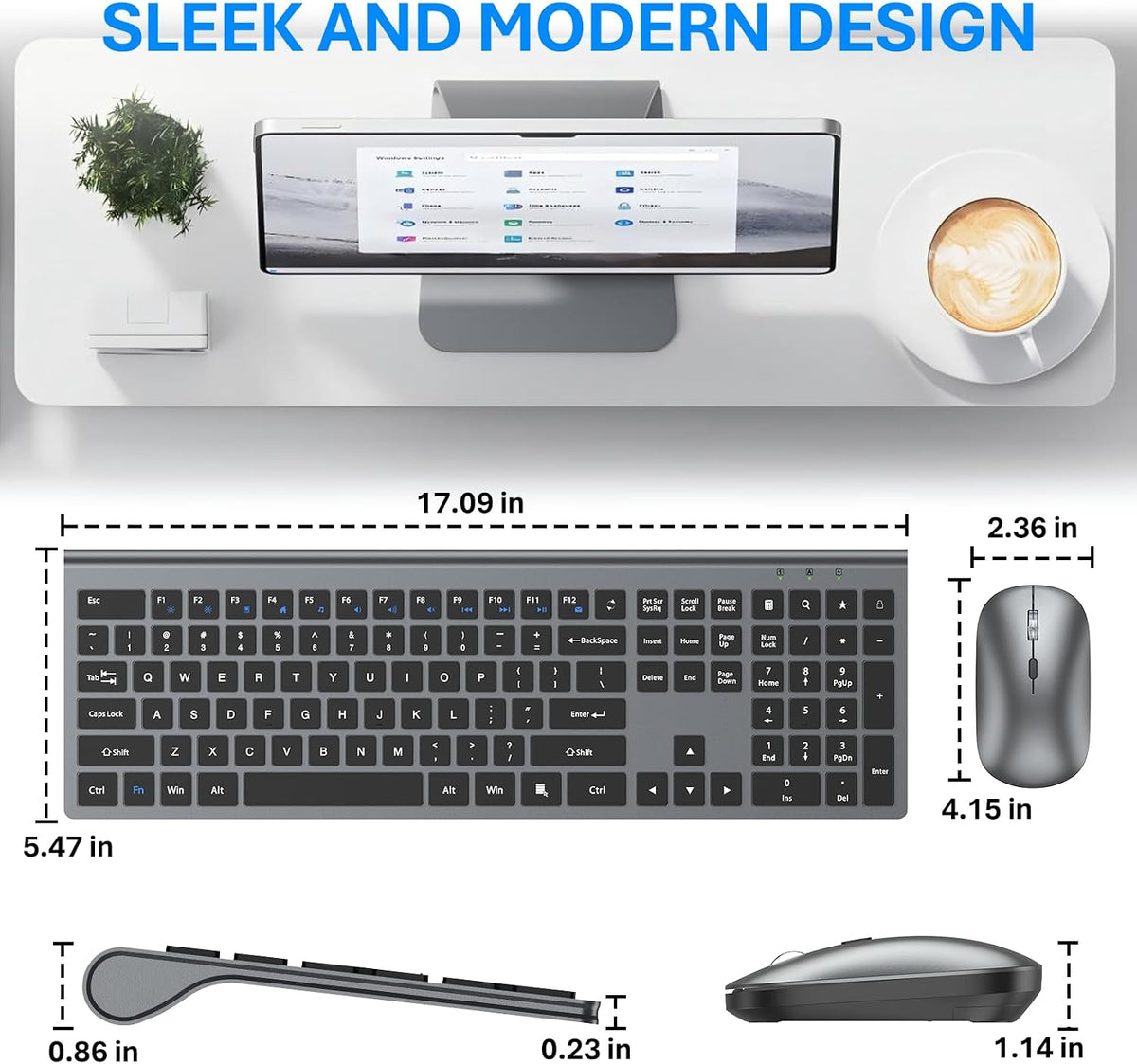 Wireless Keyboard and Mouse Combo, Ultra Slim Full Size Silent Keyboard