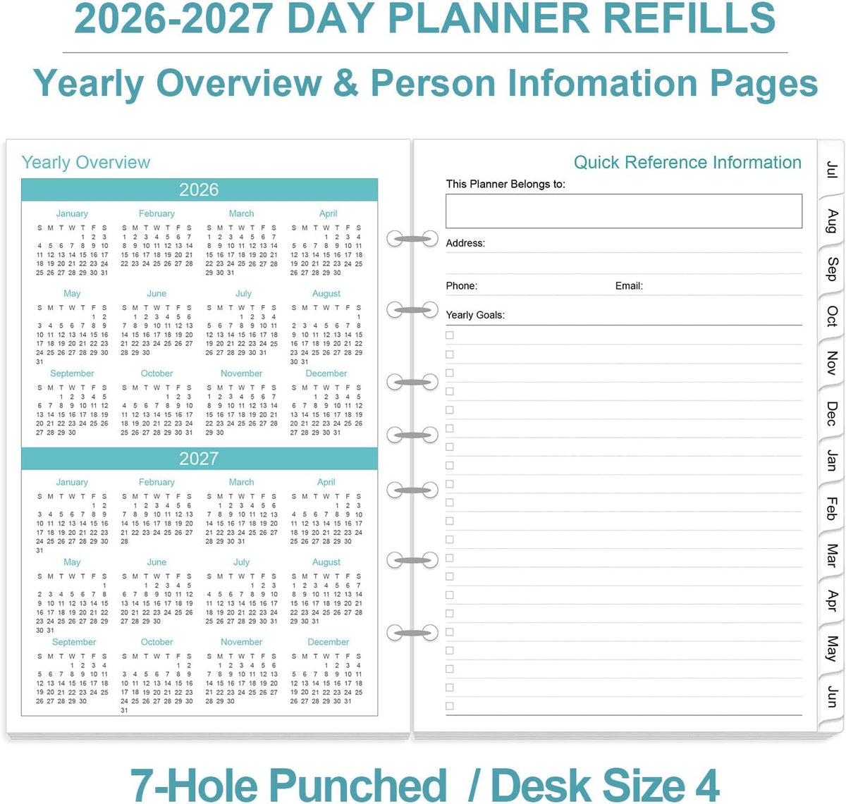 2027 Planner Refills - One Page Per Day Daily ＆ Monthly Planner, January 2027-December 2027, 7-Hole Punched，Prioritized, To-Do List, Notes, Appointment Schedule, Desk Size 4, 5.8" x 8.3"