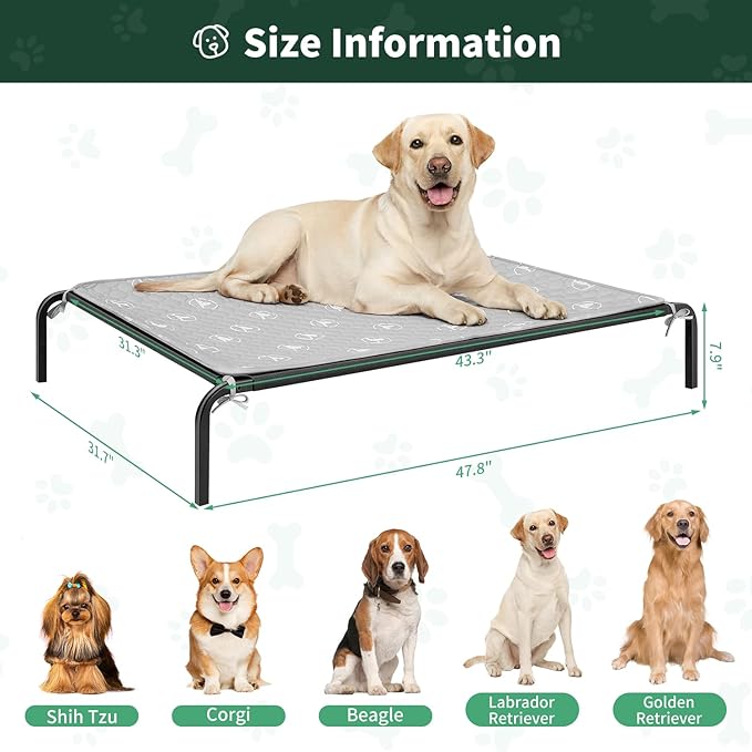 PJYuCien Elevated Dog Bed with Pad for Large Dogs, 48'' Raised Cooling Dog Cot with Breathable Mesh & Absorbent Pee Pad, Sturdy Frame, Non-Slip Feet, Indoor & Outdoor Use
