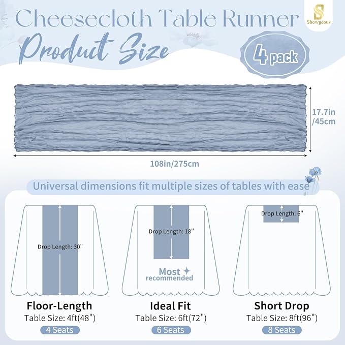 Showgeous 4 Pack Dusty Blue Cheesecloth Table Runner, 17 x 108 Inches | Boho
