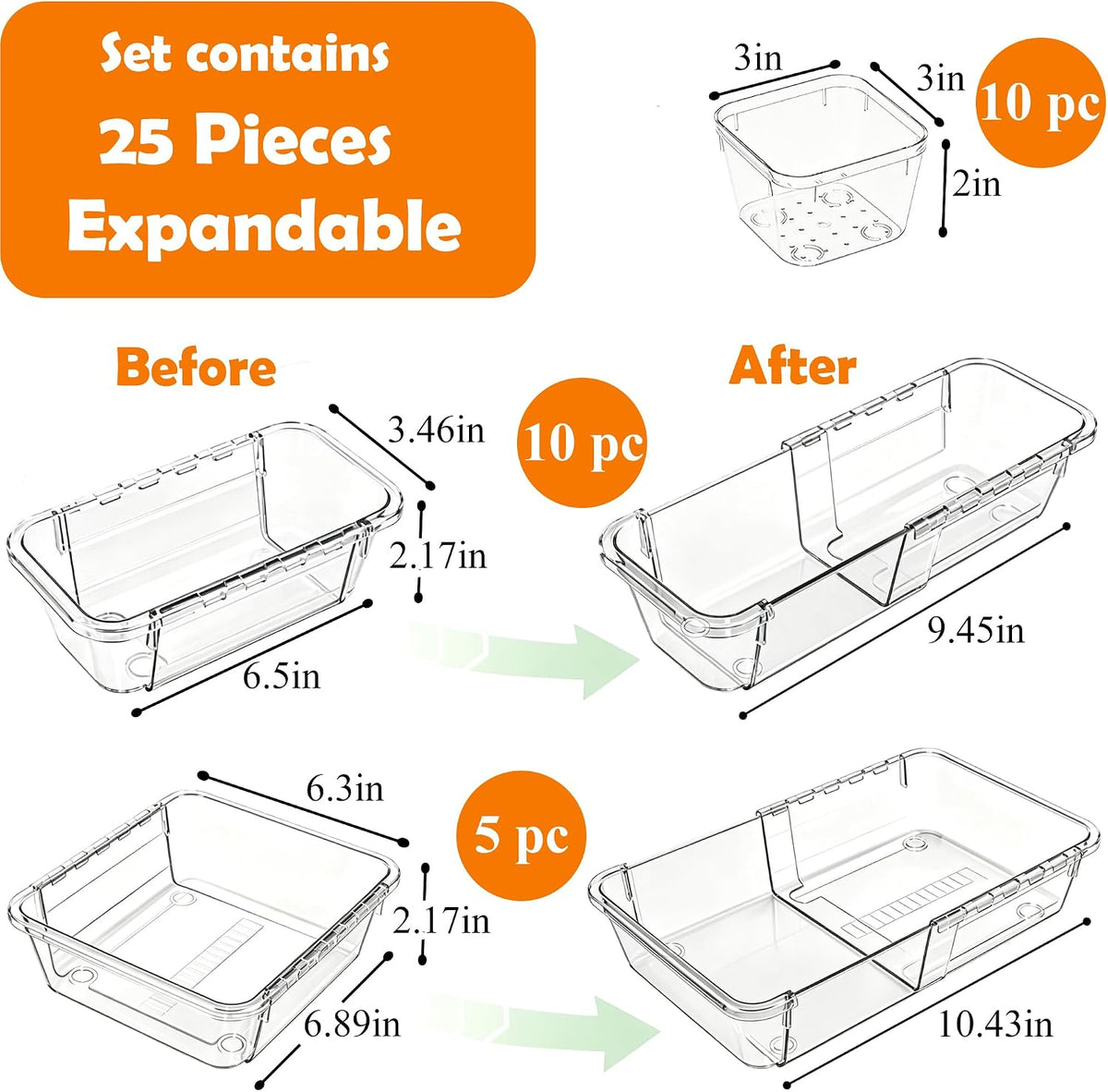 25Pcs Clear Expandable Drawer Organizer Bins for Vanity Desk Bathroom