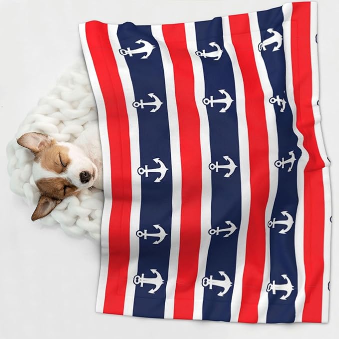 Reversible Pet Blanket for Sofa Protection Pet Comfort, Nautical Anchor Seamless Pattern Blue and Red Stripe, Double Sided Design with Cozy Nubby Nap Side and Durable Smooth Play Side