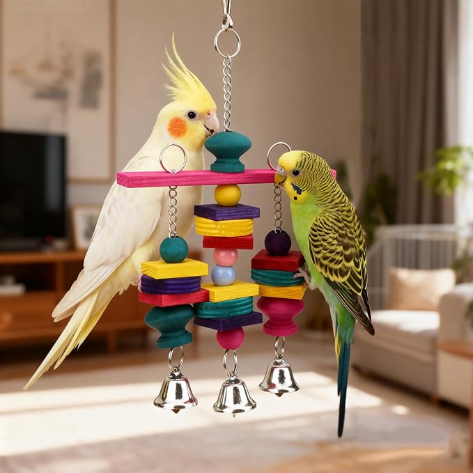 Hypeety Parrot Hanging Swing Bells Chew Toy Colorful Hanging Wood Block Natural Birds Toy for Parrot Macaw African Greys Cockatiels Budgies Conure Cage