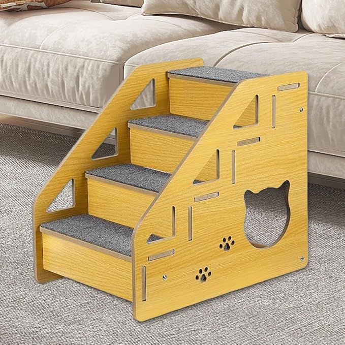 4-Step Wooden Pet Stairs Nonslip Carpeted Indoor Pet Steps Wooden Pet Ladder Pet Furniture for Dogs and Cats for Bed