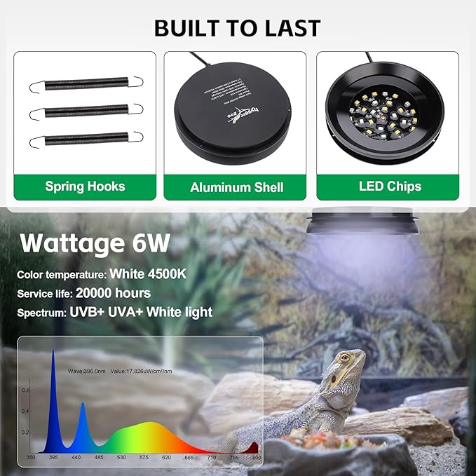 UVB Light for Reptiles with Dimming UVA UVB Reptile Light Fixture with Timer LED UVB Bulb for Bearded Dragon Gecko Turtle Chameleon Lizard Snake Adjustable Brightness Reptile Tank Accessories 6W Black