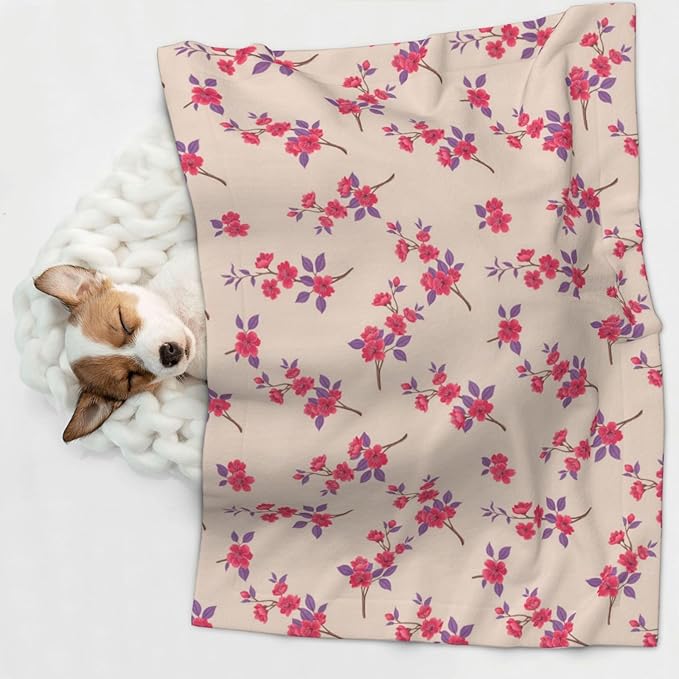 Dog and Cat Blanket in One, Cherry Flower Seamless Flowers Pattern, Double Sided Plush Throw with Raised Dot Pattern on One Side and Flat Velvet on Other for Variety