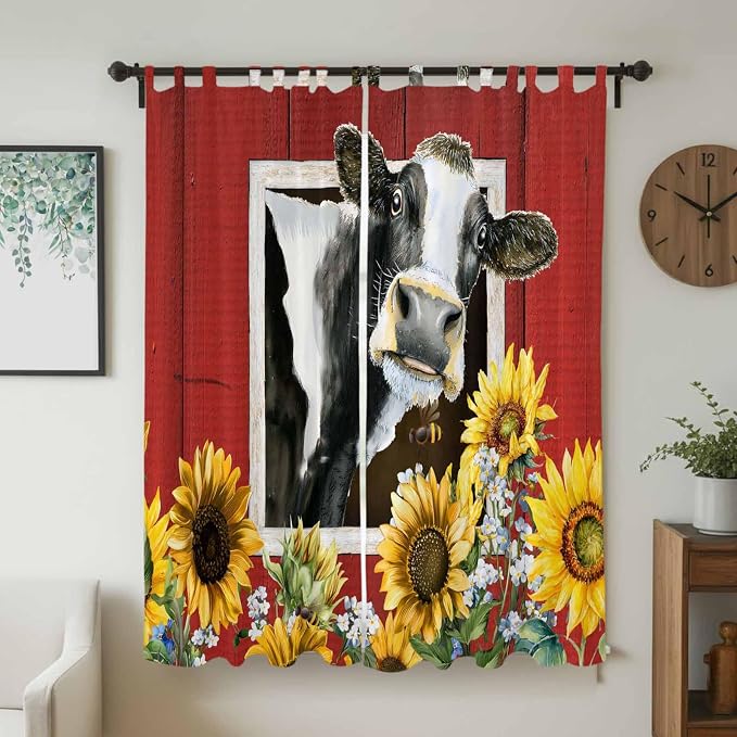 Cows Sunflowers Living Room Curtains 96 Inch Length, Window Curtains Tab Top