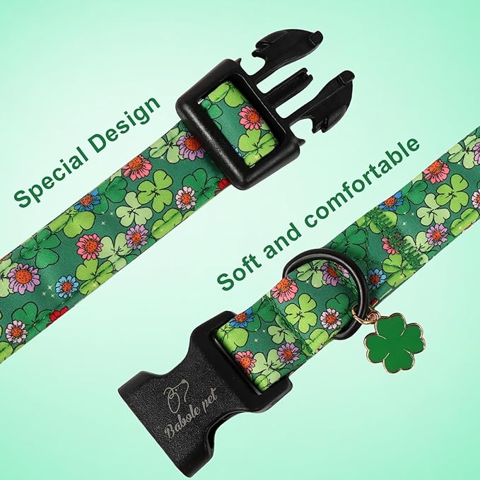St Patricks Day Dog Collar for Large Dogs - Lucky Flower Shamrock Green Dog Collars, Cute Irish Clover Puppy Collar with Quick Release Buckle for Girls&Boys Dogs L