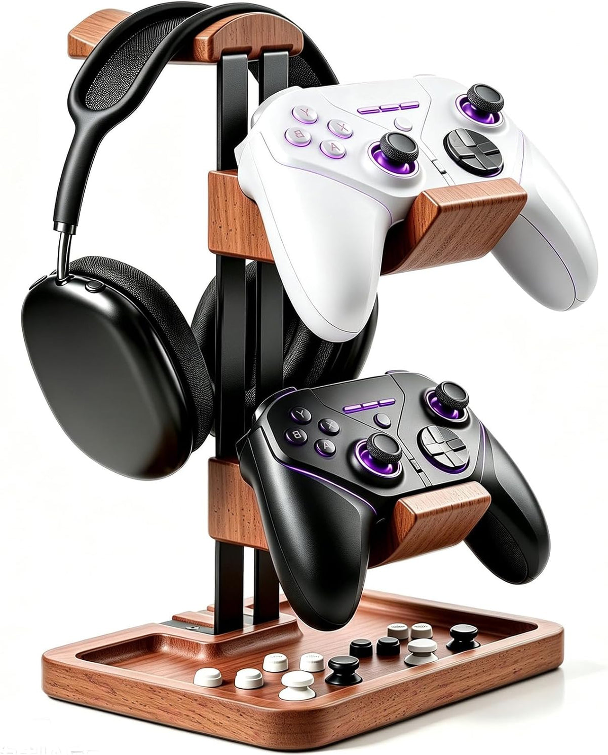 LOXP Walnut Headphone and Controller Stand, 2-in-1 Holder with Storage