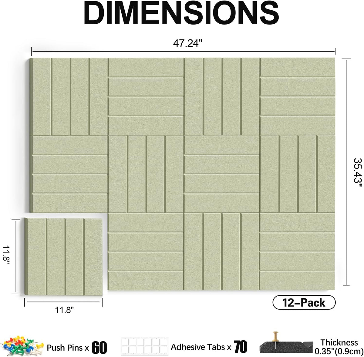12-Pack Felt Bulletin Board, 48" x 36" Large Cork Board Alternative for Walls Decor, with 60 Pushpins, 70 Damage-Free, Thick Pin Board for Office, Home, Classroom - Sage Green