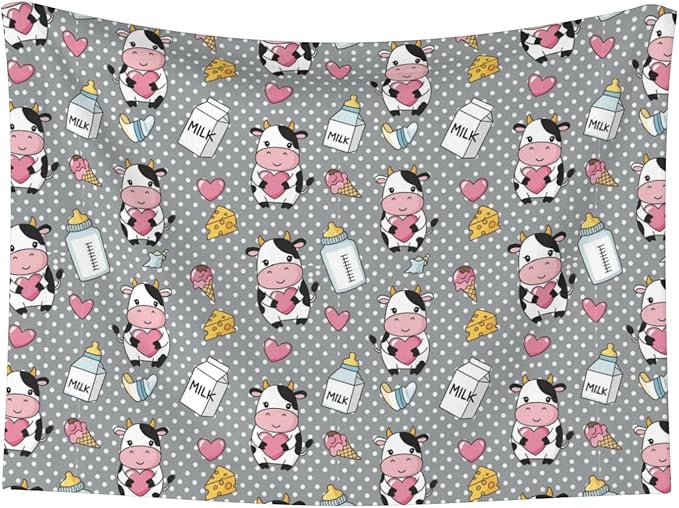 Two Sided Pet Cuddler Blanket for Anxiety Calming, Cartoon Cow Character, Reversible Plush Design with Bubble Dot Pattern Provides Familiar Surface Anywhere