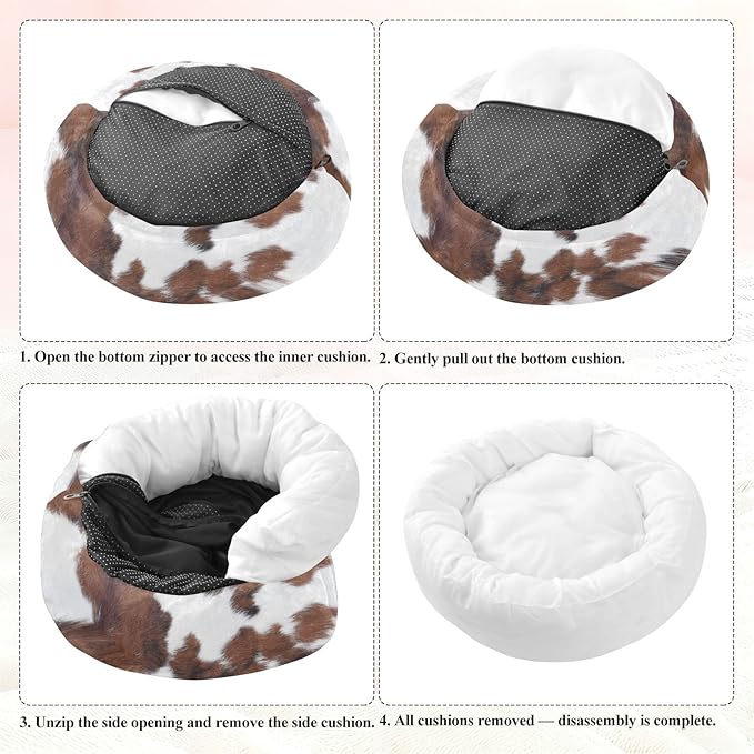 Round Cat Bed Dog Bed,20in Cow Print Washable Non-Slip Bottom Soft Pet Bed for Small Medium Dogs and Cats