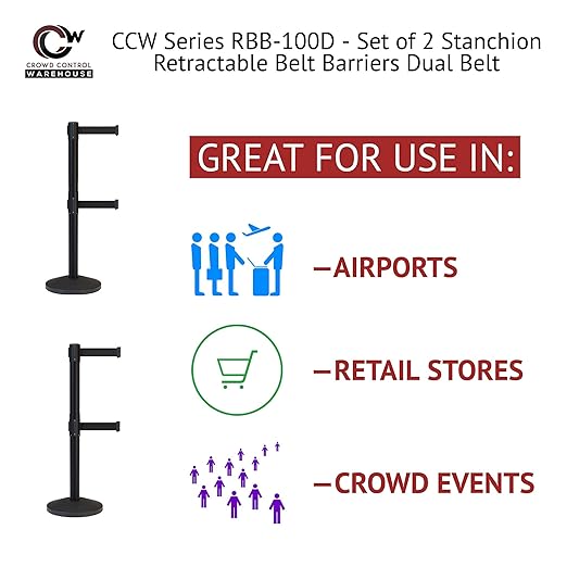 CCW Series RBB-100D - Set of 2 Stanchion Retractable Belt Barriers Dual Belt - Easy to Assemble, No Tools Required (11 Foot Belt, Black Belt with Black Post)