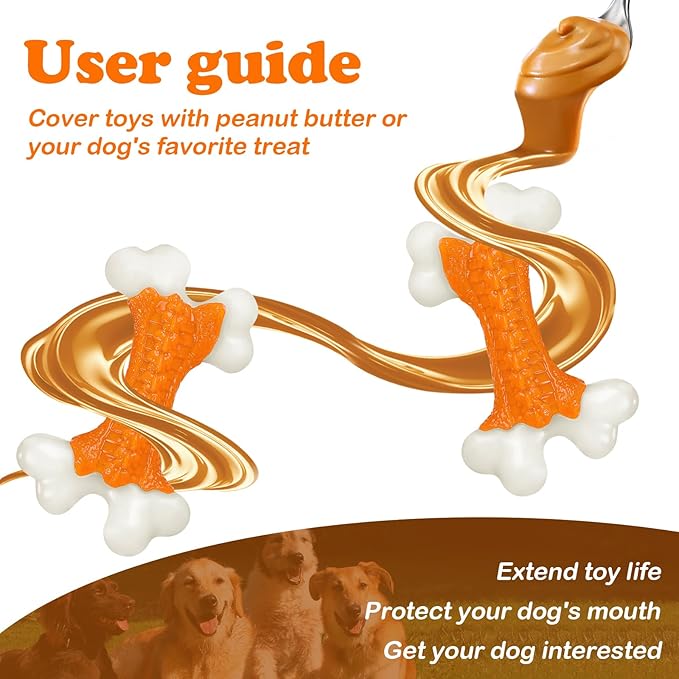 2-Pack Indestructible Dog Toys for Aggressive Chewers: Peanut Butter Flavored Hard Nylon Bone Chew Toys, Tough Dog Chew Toys, Dog Toys to Keep Them Busy for Medium Large Dogs, Orange