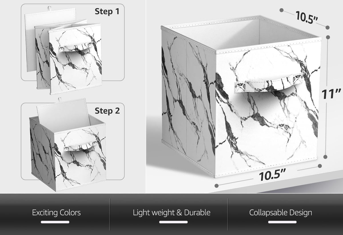 Sorbus 11 x 11 Storage Cubes, Foldable Fabric Bins (4 Pack, Marble White)