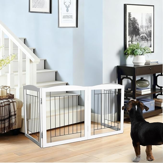 ZJSF Freestanding Foldable Dog Gate for House Extra Wide Wooden White Indoor Puppy Gate Stairs Dog Gates Doorways Tall Pet Gate 4 Panels Fence