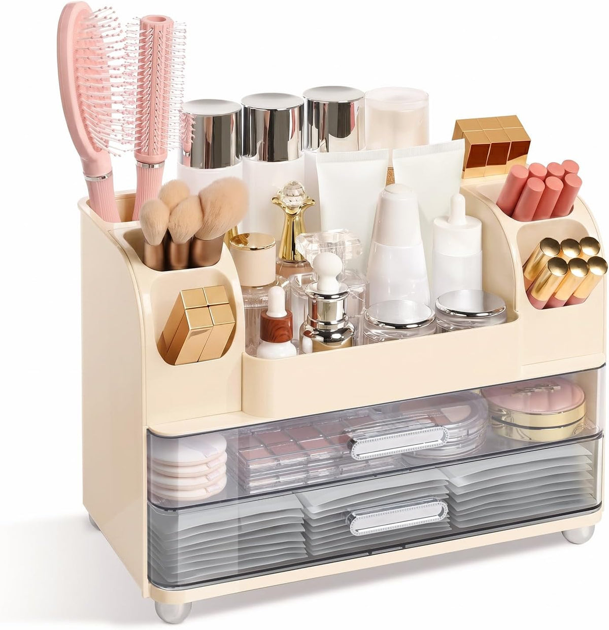 Makeup Organizer for Vanity with 2 Large Drawers and 6 Brush Holders, Cream