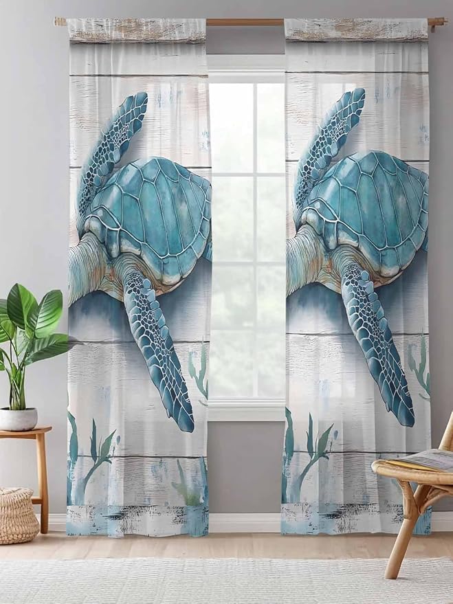 Sheer Curtains 96 Inches Long, Teal Green Sea Turtle Semi Sheer Curtains Light