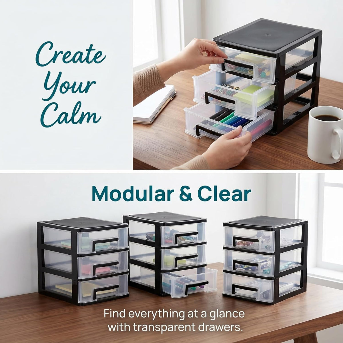 DOITOOL 3 Drawer Desk Organizers, Plastic Home Office Storage Organizer, Makeup Organizer Storage Station Cubes, Cosmetics Jewelry Storage Box for Bathroom, Dorm, Desk, Office
