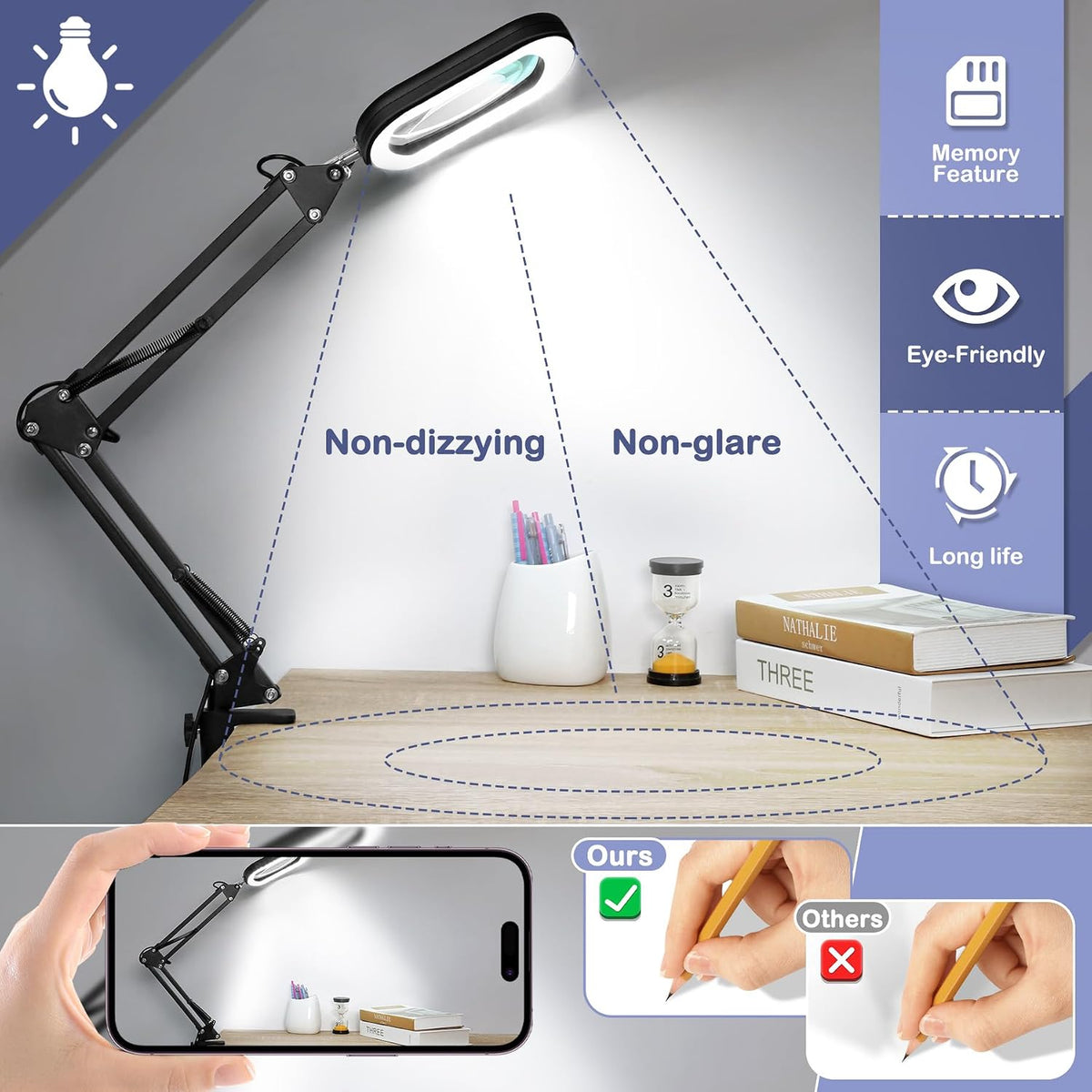Drdefi 12X Square Magnifying Glass with Light and Stand, Real Glass LED Lighted Magnifier, 5 Color Modes Stepless Dimmable, Hands-Free Mag Desk Lamp with Clamp for Reading Craft Hobby Close Work Black