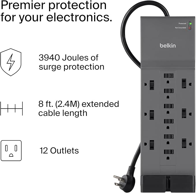 Belkin 12-Outlet Surge Protector Power Strip w/ 12 AC Outlets & 8ft Flat Plug, UL-Listed Heavy-Duty Extension Cord for Home, Office, Travel, Computer, Laptop, Charger - 3,940 Joules, Pack of 3
