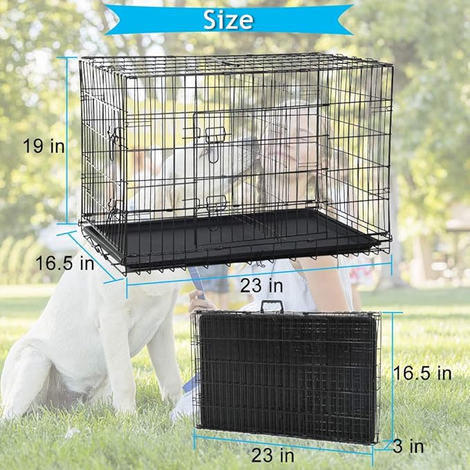 Dog Crate for Large Medium Small Dogs, Folding Dog Kennel Cage with Plastic Tray & Divider 48"/42"/ 36"/ 30"/ 24" Indoor Outdoor Metal Double Door Heavy Duty Dog Pen Enclosure, Black(24 Inch)