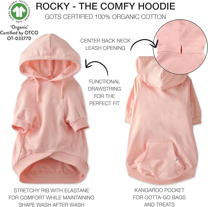 Rocky – The Orginal Lightweight Hooded TEE 100% Organic Cotton Dog Hoodie Pet Coat Sweater for Small, Medium, Large Dogs, Pink, X-Large