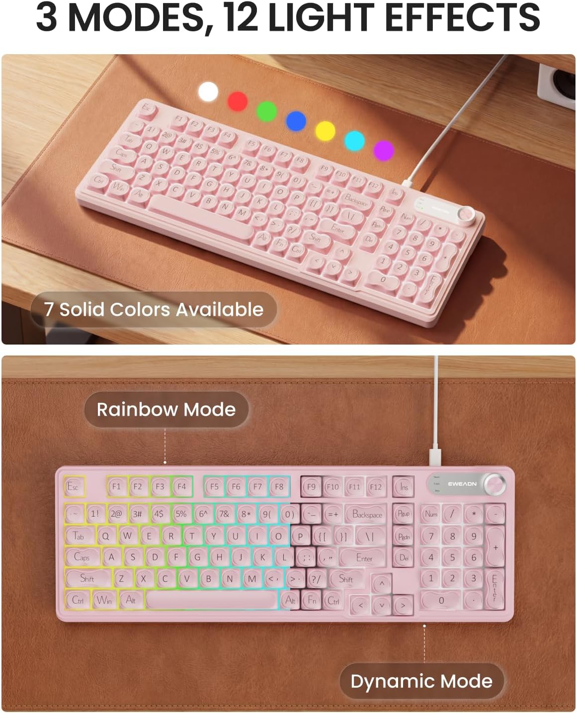 Wired Creamy Keyboard with Number Pad, 98-Key, Media Knob, RGB Backlit-Pink
