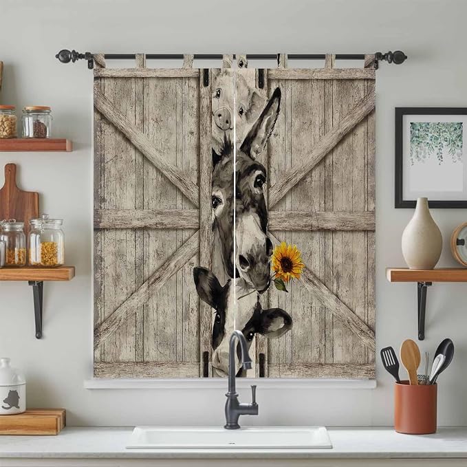 Funny Farm Animals Bathroom Curtains 63 Inch Length, Window Curtains Tab Top