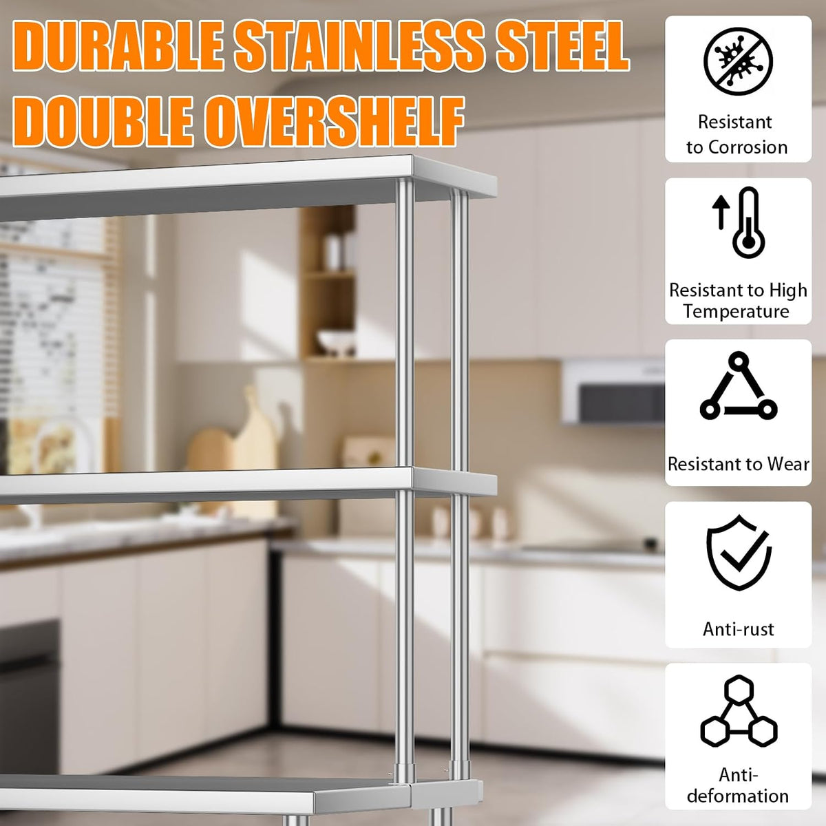 2-Tier Stainless Steel Overshelf for Work & Prep Table, 12x36 inch Commercial Adjustable Double Shelf, Heavy Duty Storage Rack for Kitchens, Utility Rooms, Restaurants & Garages