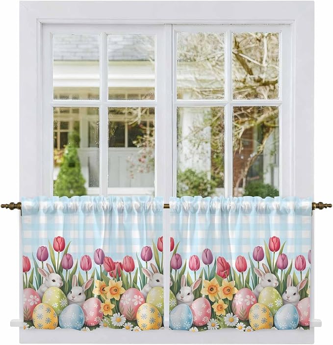 Easter Kitchen Tier Curtains 36 Inch Long 2 Panel Set, Rod Pocket Half Window